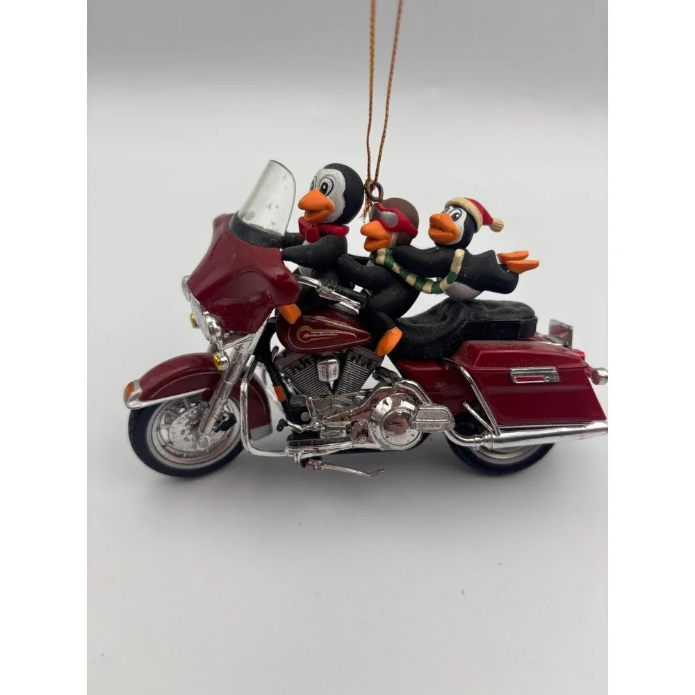 Harley Davidson Penguins on Electra Glide Motorcycle Christmas Ornament Maroon